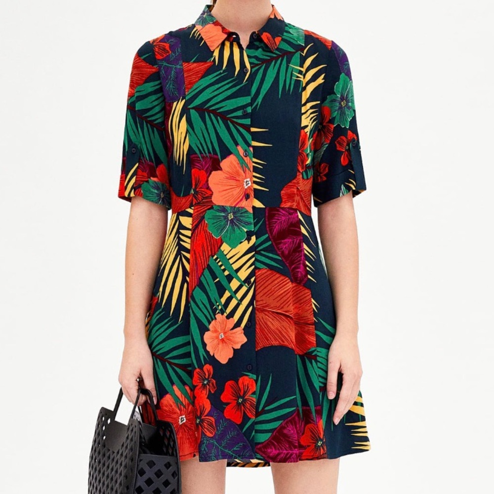 Zara shirt dress floral print colorful flowy with pockets